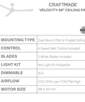 Diagram of 58 Inch Velocity Indoor Ceiling Fan With Heavy Duty 4 Speed Motor, White Finish, 3 White ABS Blades, specs included