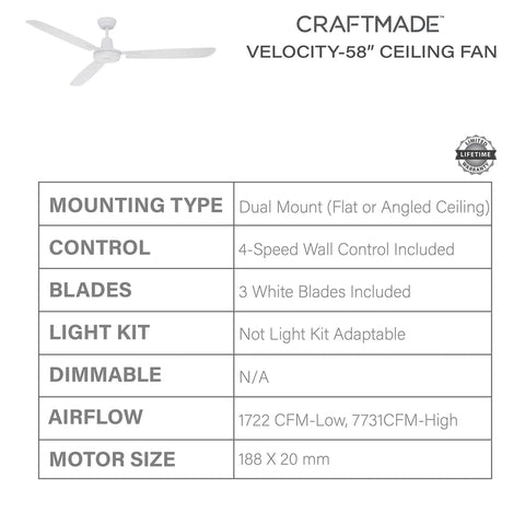 Diagram of 58 Inch Velocity Indoor Ceiling Fan With Heavy Duty 4 Speed Motor, White Finish, 3 White ABS Blades, specs included
