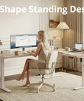 L Shaped Standing Desk With Electric Height Adjustment For Corner Setup Reversible Left Or Right 63 By 55 Inches Sit Stand Computer Table In Maple Finish Ideal For Dual Monitors And Ample Workspace For A Boss Level Setup in elegant home office