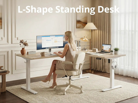 L Shaped Standing Desk With Electric Height Adjustment For Corner Setup Reversible Left Or Right 63 By 55 Inches Sit Stand Computer Table In Maple Finish Ideal For Dual Monitors And Ample Workspace For A Boss Level Setup in elegant home office