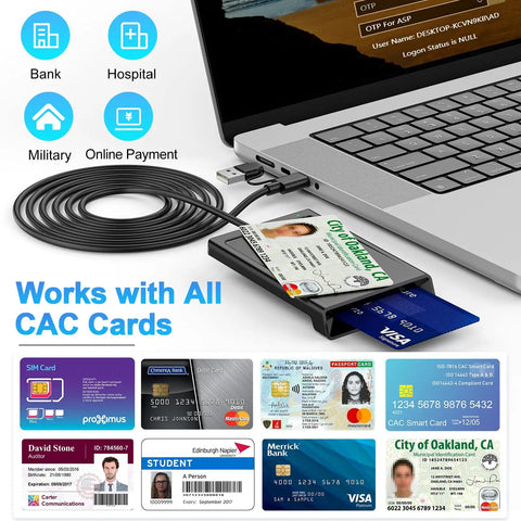 2 In 1 Smart Card Reader With NFC And CAC Support For DOD Military ID Quick And Secure Contact And Contactless Chip Reading Built In USB C With USB A Adapter Works On Windows Mac Linux connected to laptop with CAC cards shown.