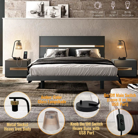 Bedroom scene with Amber Glass Bedside Lamps Set of 2, vintage brown industrial style, on nightstands with USB ports.