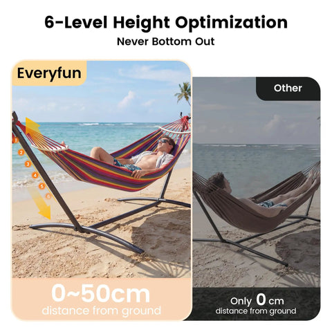 Double Hammock With Heavy Duty Steel Stand Portable Easy Assembly 600Lb Weight Capacity Adjustable Hooks Cotton Comfort