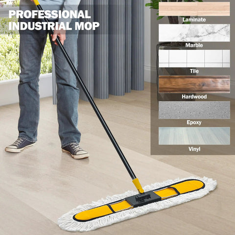 Heavy Hitter 24 Inch Commercial Dust Mop With Two Premium Microfiber Pads Large Indoor Dry Push Broom For Hardwood Tile And Laminate Floor No Sweat Jobs being used on a hardwood floor.