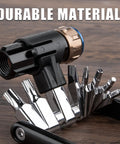 Compact Bicycle Multi Tool With CO2 Inflator And Chain Tool showcasing durable steel and multiple hex Torx bits for bikes.