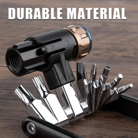 Compact Bicycle Multi Tool With CO2 Inflator And Chain Tool showcasing durable steel and multiple hex Torx bits for bikes.