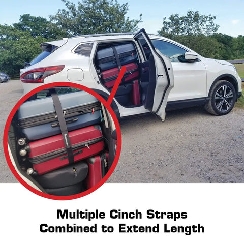 Heavy Duty Cinch Straps 2 Inch By 60 Inch 6 Pack Built Tough securing luggage in car, showcasing adjustable fit