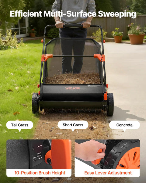 Heavy Duty Push Lawn Sweeper With 30 Inch Wide Broom And 12 Cubic Foot Hopper Bag For No Sweat Grass And Leaf Pickup Across Big Lawns Patios Sidewalks And Driveways in use on grass and concrete.