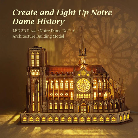 Notre Dame De Paris 3D Wood Puzzle Night Edition With LED Lighting illuminated gothic architecture model display.