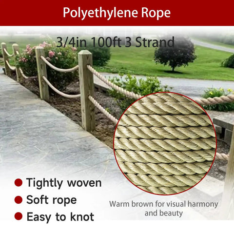 Heavy Duty Three Quarters Inch Polyethylene Rope 100 Feet 3 Strand For Indoor And Outdoor Use along a pathway fencing