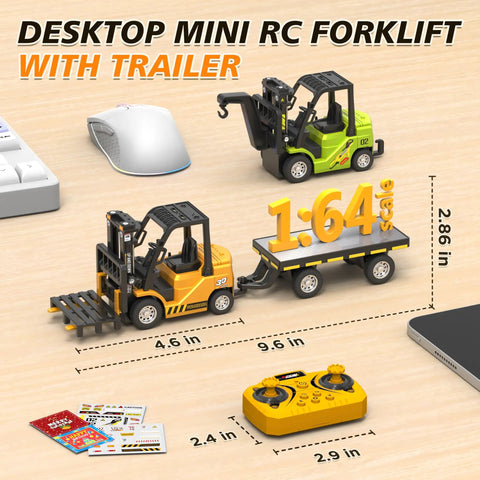 Newest 2026 Dope One Sixty Four Scale RC Forklift Toy With Trailer Set on Desk Next to Remote; Desktop Construction Toy