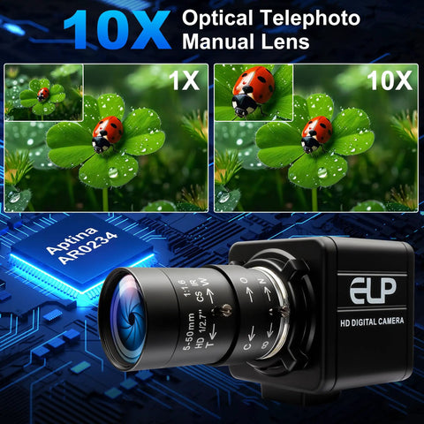 Global Shutter 90fps USB Camera With 10X 5-50mm Varifocal Lens, close-up view with lens and circuit board detail