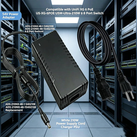54V 210W Power Supply Adapter For Ubiquiti UniFi Switch XG 6 PoE Beefed Up Replacement Power Source US XG 6POE USW Ultra 210W 6 Port Network Switch Plug And Play Ready black adapter and cords in server room