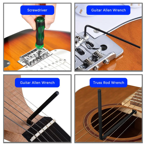 All In One Guitar Setup Tool Kit With Carry Bag For Bass Ukulele Banjo Pro Grade Fret Crowning File Fret Rocker String Winder Neck Feeler Truss Rod Adjuster Premium Luthier Repair And Maintenance Gear, guitar allen wrench and screwdriver
