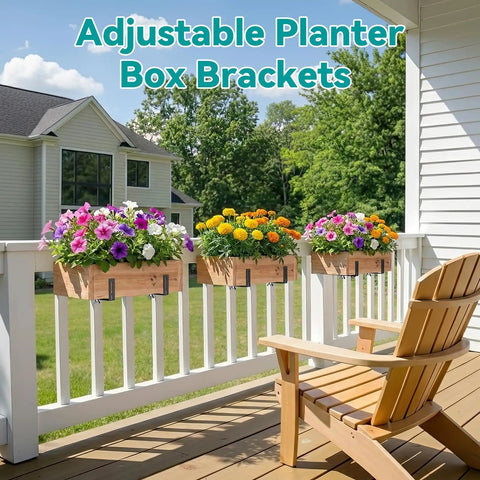 Adjustable Planter Box Brackets With Enhanced Bottom Support for outdoor gardens on a balcony railing, three planter boxes