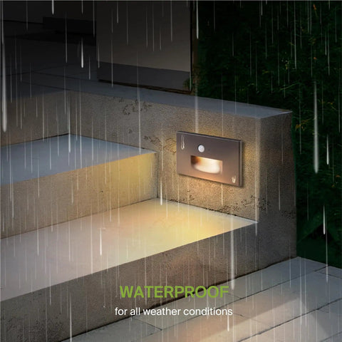 Recessed Step Light Fixture With Dusk To Dawn Sensor, Dope 3CCT Options, Motion Sensor And Photocell in rain, illuminating stairs