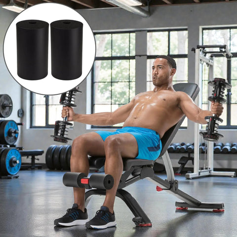 Man using weight bench with 2 Pack Leg Extension Pad Replacement With 7 Inch Foot Foam Rollers installed, exercising in home gym.