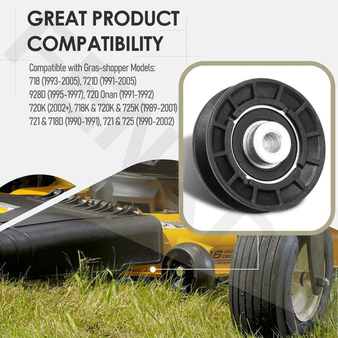Two Pack V Idler Pulley Drive Assembly Kit For Grasshopper 718 720 721D Mowers Beefed Up Heavy Duty Replacement Drive System With Durable Bearings And Easy Install, black pulley close-up