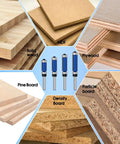 No Hassle 4 Piece Flush Trim Router Bit Set With 1/4 Inch Shank And Top Bottom Bearings Rocks Solid Carbide Tips set displayed around various wood types.