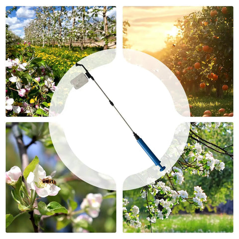 Extendable Pollen Duster For Fruit Trees With 93cm Rod Diatomaceous Earth Atomizer, surrounded by orchard and blossoms