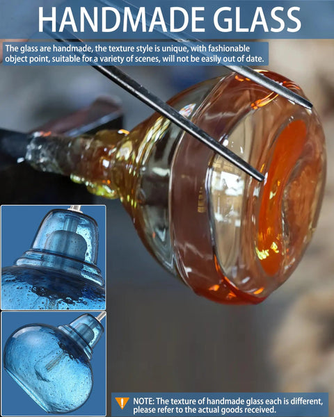 Artisan crafting process of Two Pack Kitchen Island Pendant Lights With Hand Blown Brownish Blue Seeded Glass Shades Brushed Nickel Finish Modern Farmhouse Vibe Over Sink Dimmable LED Compatible One Light Per Pendant.
