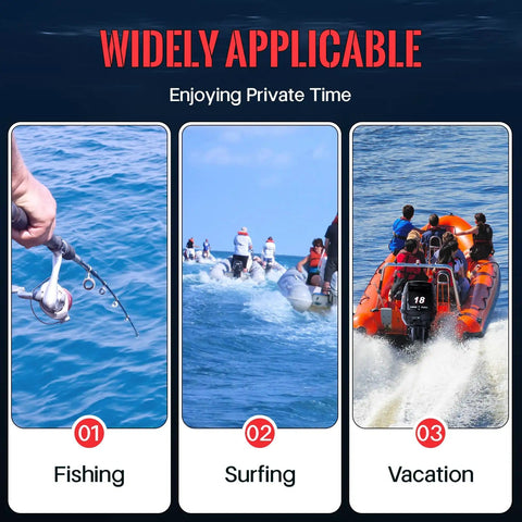 Collage showing fishing, surfing, and a boat with a 2 Stroke 18HP Short Shaft Outboard Motor 246cc Water Cooled For Boats And Kayaks