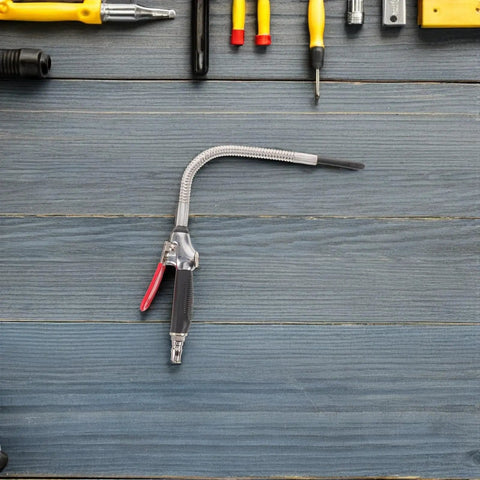 Heavy Duty Aluminum Air Blow Gun With 30cm Extension Nozzle Adjustable Flow Control For Delicate Tool Cleaning And Tough Debris Removal Extended Reach For Hard To Access Areas Versatile Pro Pneumatic Dust Blaster on workbench