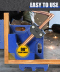 Heavy Duty Cast Iron Welders Angle Clamp for Precise Right Angles Self Centering Two Axis Welding Jig in use on a wood joint