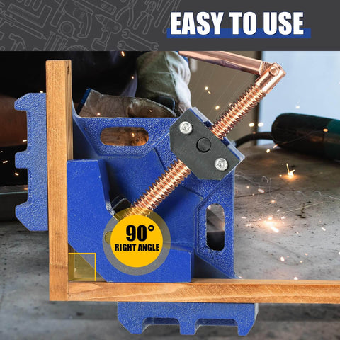 Heavy Duty Cast Iron Welders Angle Clamp for Precise Right Angles Self Centering Two Axis Welding Jig in use on a wood joint