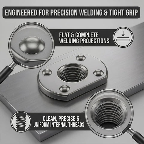 Heavy Duty M8 T Shaped Weld Nuts 25 Pack High Carbon Steel Spot Fasteners showing clean threads and flat welding projections.