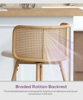 Back view of a Set Of 4 Swivel Rattan Bar Stools, 26 Inch Counter Height With Natural Woven Back And White Faux Leather Seats