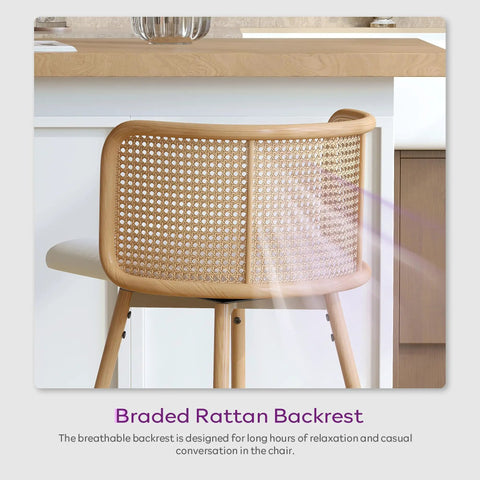 Back view of a Set Of 4 Swivel Rattan Bar Stools, 26 Inch Counter Height With Natural Woven Back And White Faux Leather Seats
