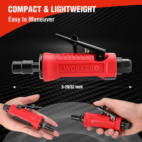 WORKPRO red pneumatic straight die grinder with 1/4-inch and 1/8-inch collets, 25,000 RPM.