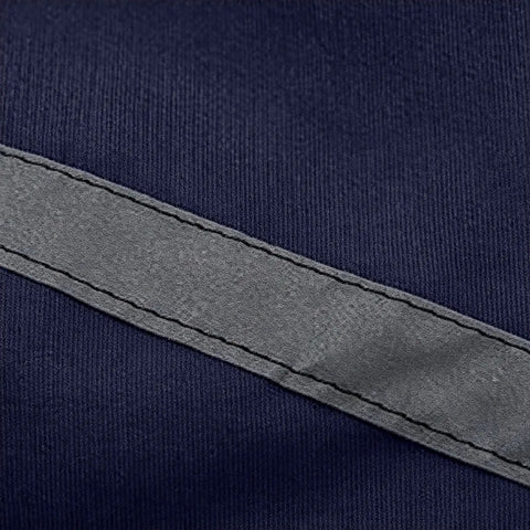 Close-up of Mens Heavy Duty Mechanic Lab Coat With Reflective Safety Strips in navy fabric and reflective detail.