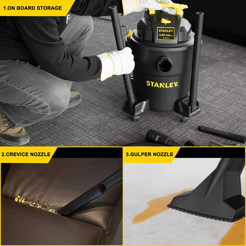 User assembling Beast Mode Wet Dry Vacuum with 6 Gallon Tank and 4 HP Power for quick cleanups, showcasing nozzle attachments.