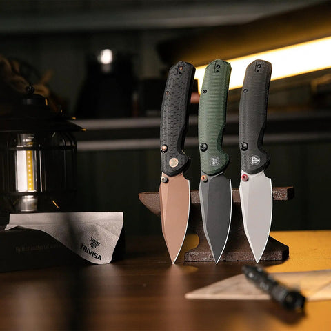 Three Folding Pocket Knives With 3.34 Inch Blade And Button Liner Lock, PVD Coated Steel, displayed standing with ergonomic handles