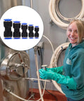 Grab The Healeved 50 Piece Pneumatic Fittings Quick Connect Push To Connect Air Hose Repair Kit Made From Sturdy Pu Plastic With Multiple Outer Diameters For Your Easy Connection Solution In The Shop. woman holding quick connect air fittings, black PU plastic, assorted sizes