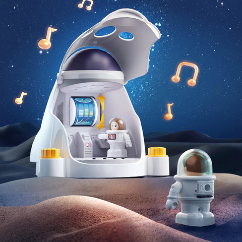Hands On Rocket Space Toy Set For Kids Explore The Cosmos With A Spaceship Playset Space Shuttle And An Electric Drill Two Astronaut Figures STEM Take Apart Adventure Gift For 3 To 8 Year Old Boys And Girls with two astronaut figures on a playset under a starry sky with floating music notes.