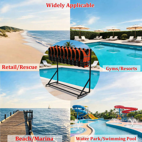 Heavy-Duty Freestanding Life Vest Holder And Gear Rack Boss-Grade Swivel-Wheel Dock Organizer with life vests.