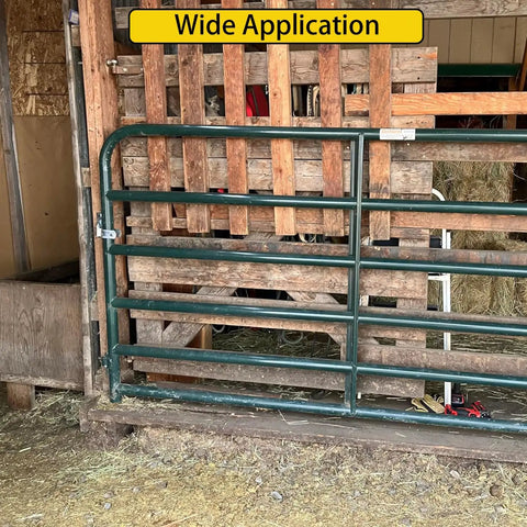 Farm gate with heavy duty gate hinges 2-pack wall mount 1-3/8 inch for chain link fence and wood gates installed on barn wall.