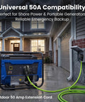 Hella Durable 15 Ft 50 Amp Extension Cord Tough As Nails Waterproof RV Charger Cable With NEMA 14 50 Plugs connected to generator.