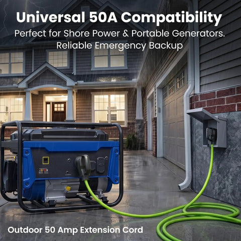 Hella Durable 15 Ft 50 Amp Extension Cord Tough As Nails Waterproof RV Charger Cable With NEMA 14 50 Plugs connected to generator.