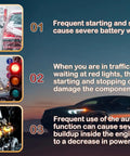 Infographic highlighting battery wear, component damage, and engine power decrease from auto start-stop for Jeep Wrangler JL JLU 2018-2026 and Gladiator JT 2020-2026.
