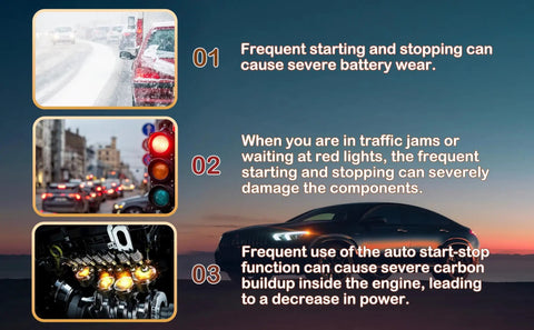 Infographic highlighting battery wear, component damage, and engine power decrease from auto start-stop for Jeep Wrangler JL JLU 2018-2026 and Gladiator JT 2020-2026.