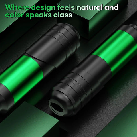 All-In-One Tattoo Pen Kit For Beginners With 2 Batteries, 20 Cartridge Needles, close-up of green and black tattoo pen