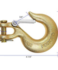 4 Pack 5/16 Inch Grade 70 Clevis Slip Hooks With Safety Latches Built Like A Tank Forged Steel showing dimensions and details.