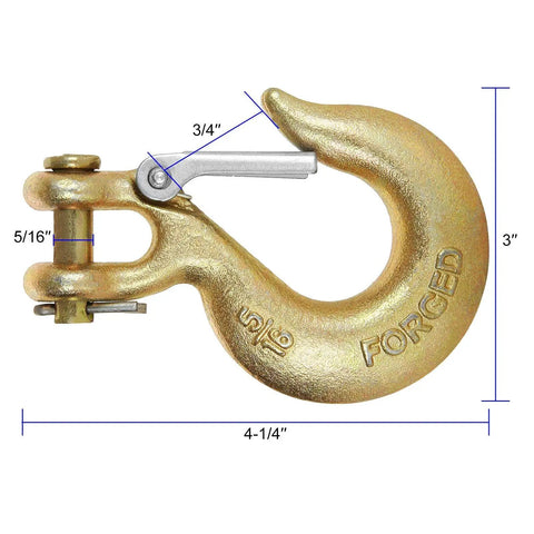 4 Pack 5/16 Inch Grade 70 Clevis Slip Hooks With Safety Latches Built Like A Tank Forged Steel showing dimensions and details.