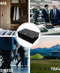 Fireproof Lock Safe Box For Documents And Valuables With A Beefy Carrying Handle, Steel Security Safe For Cash Jewelry Money And Personal Items, 0.38 Cu Ft Capacity, 13.2 W X 11 D X 4.5 H, Black, shown in home, office, business, travel settings