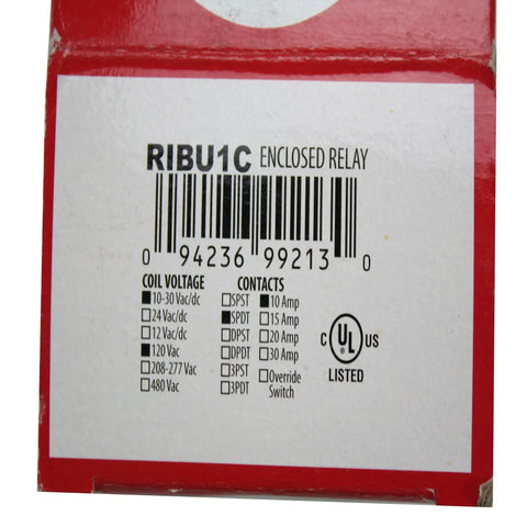 Label of Enclosed Pilot Relay RIBU1C, 10 Amp SPDT with voltage and contact details, UL listed for automation projects.