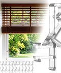 Twenty Four Piece Set Of Clear Flexible Plastic Valance Clips For Faux Wood Blinds And Hidden Groove Channels with window view.